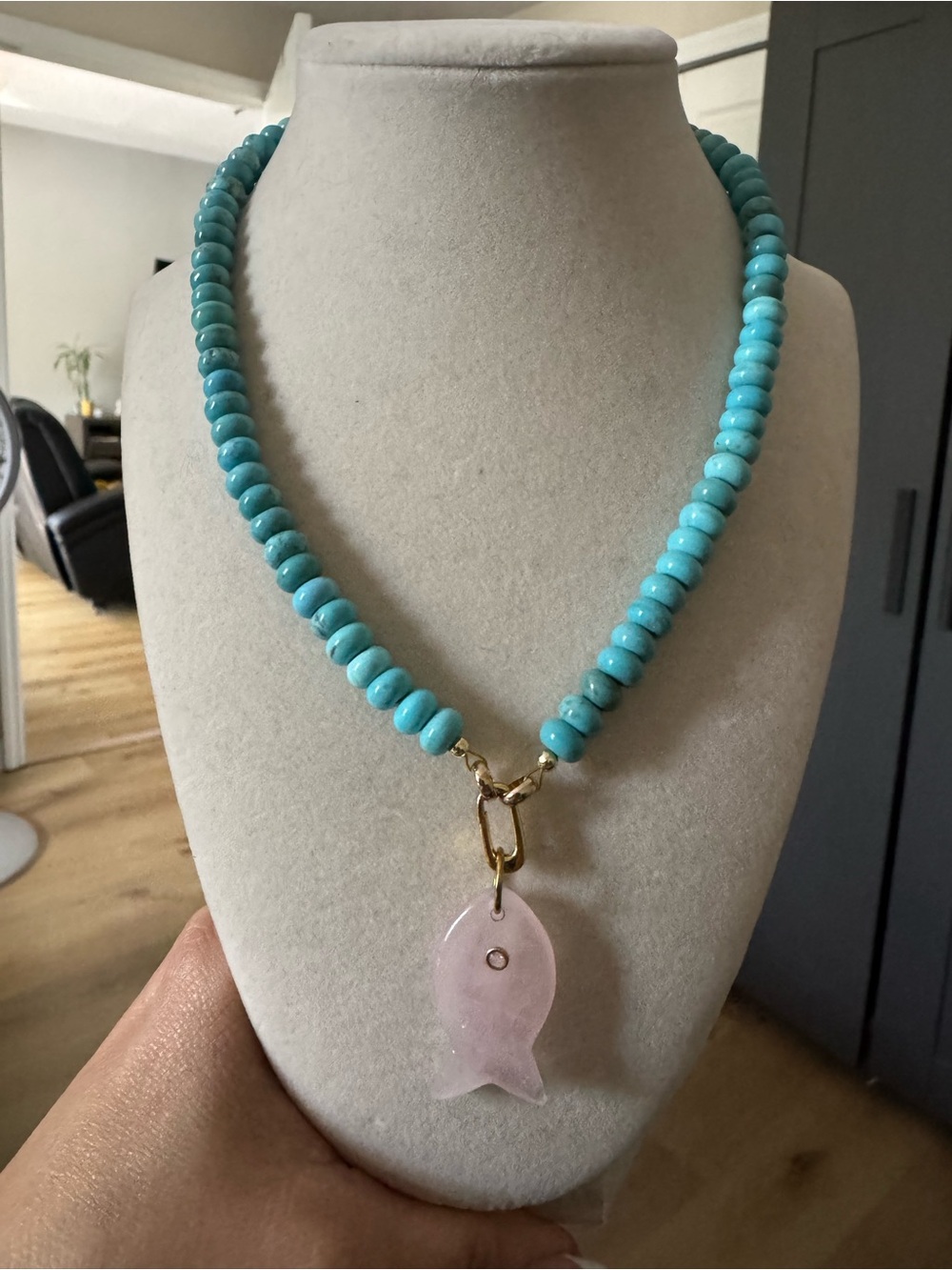 Turquoise Beaded Necklace with Pink Stone Fish Pendant